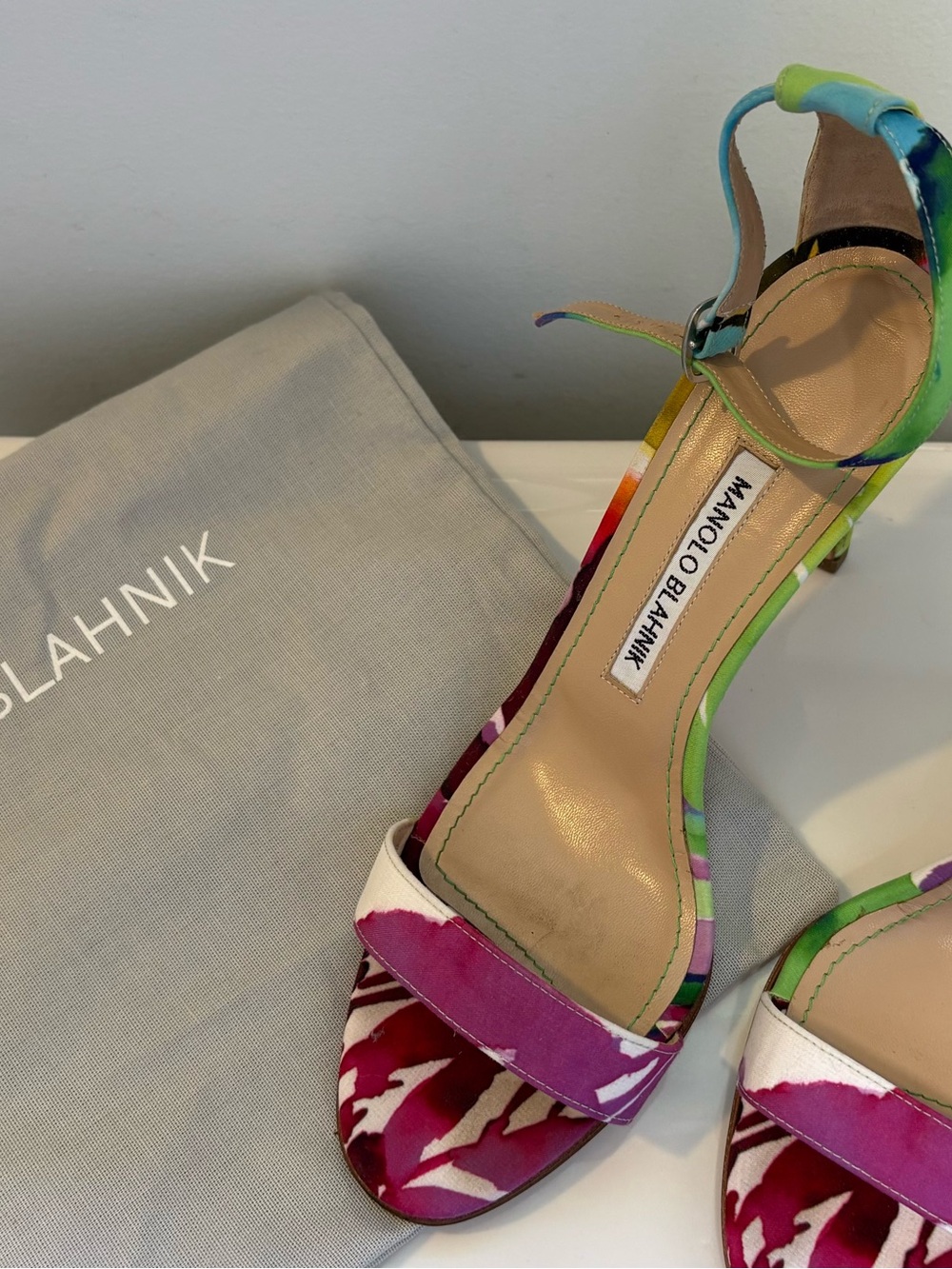 Manolo Blahnik Pink and Green Printed Ankle-Strap Sandals